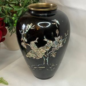 Vintage black Lacquer on brass with inlaid mother of pearl PEACOCKS vase
